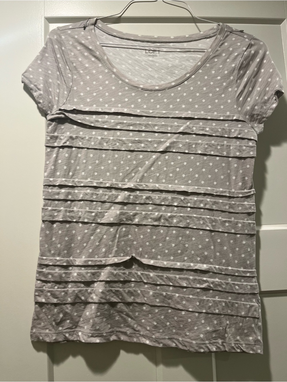 LOFT Light Gray Polka Dot Ruffle Tier Short Sleeve Tee